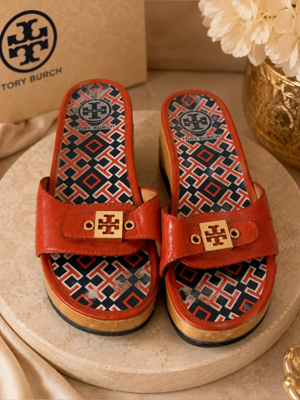 Tory Burch Orange Logo Patent Leather Wooden Platform Slide Sandals Size 8